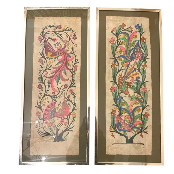 VTG Set of Hand Painted Mexican Amate Folk Art Wall Decor Birds Floral Ethnic - Picture 1 of 16
